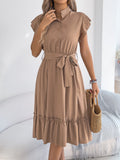 Summer Casual Woman Dress 2026 Fashion Solid Color Single Breasted Ruffle Edge Short Sleeve Dresses With Belt Khaki Blue Green