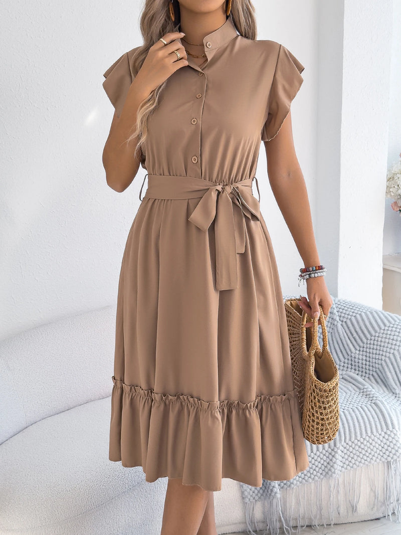 Summer Casual Woman Dress 2026 Fashion Solid Color Single Breasted Ruffle Edge Short Sleeve Dresses With Belt Khaki Blue Green