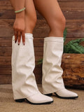 Winter Women's Fashion Folding Knee-high Boots Solid Color Non-slip Thick-soled Wide-leg PU Leather Fashion Boots Botas Mujer