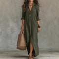 Women Dresses 2026 Spring/Summer Casual Solid Color Lapel Front Slit Long Dress Women's Clothing Vestidoes