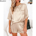 2PCS/Set 2026 Spring and Summer Women Pajamas O-neck Solid Soft Simulation Silk Homewear Short-Sleeved Casual Ladies Loungewear