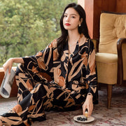 Loose Design Ice Silk Thin Pajamas Long Sleeve Set Women's Print Fashion Pajama Set