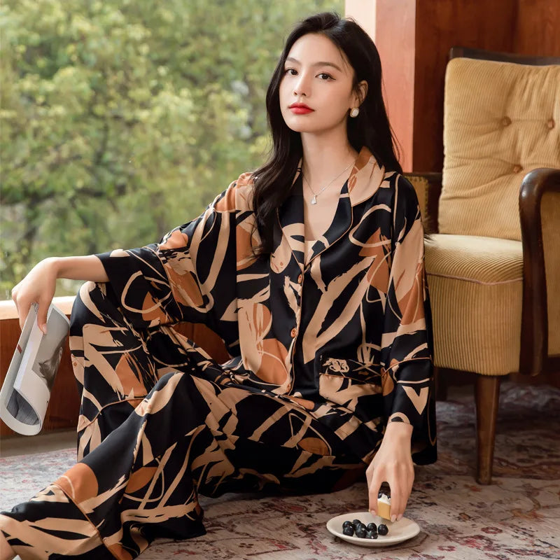 Loose Design Ice Silk Thin Pajamas Long Sleeve Set Women's Print Fashion Pajama Set