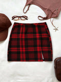 Women Elastic Waist Checkered Split Hem Mini Skirt Slim Fit Y2K Sexy Xmas Party Vintage Preppy Skirt