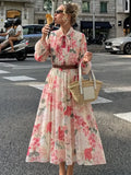 ZOCI Elegant Womens Floral Print Long Dress Bow Neck Long Sleeve Waist Belt Casual Weekend Party Summer Beach Vacation Dress