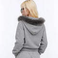 Women Gothic Y2K Zip-up Hoodie  Faux Fur Hood Trim Vintage Floral Rhinestone Print Long Sleeve Front Pocket Casual Sweatshirt
