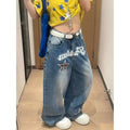 Retro American Spicy Girl Star Embroidery Wide Leg Knife Edge Jeans Women Loose Slim Straight Floor-Length Trousers Trendy