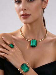 Women's Rectangular Large Emerald Jewelry Set, Gold-Plated Open Choker Necklace, Ring, and Bracelet Three-Piece Set, Exaggerated Accessories for Banquets and Parties