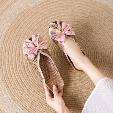 Bow Tie Rattan Slippers - Cute Korean Style House Slides, Soft Sole Anti-Slip Breathable Indoor Sandals for Summer