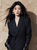 2025 Spring Autumn High-end Black Suit Jacket Women Fashion Double-breasted Temperament Mid-Long Office Female Blazer Coat Tops