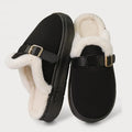 Winter Platform Plush Mules Slippers Women Fashion Belt Buckle Thick Plush Warm Home Fluffy Slides Outdoor Non Slip Cotton Shoes