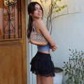 Embroidered Flower Lace Mini Skirt Y2K Streetwear Harajuku Ruched Skirts Double Layer See Through Lace Up Ruffles Skirt