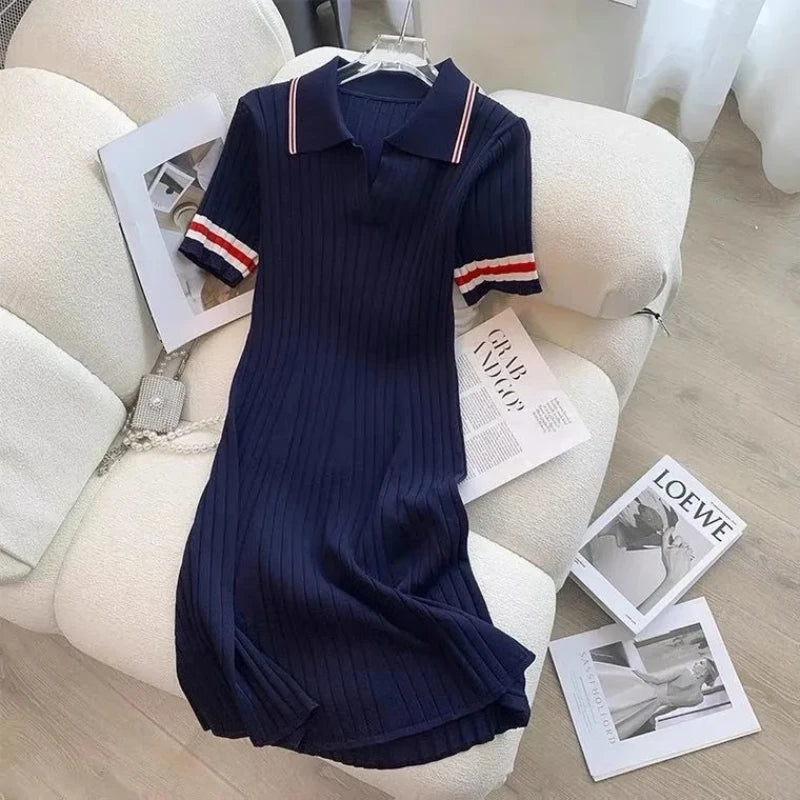 Polo Collar Knit Dresses for Women Summer Short Sleeve Slim Elegant Party Dress Casual Chic Stripe Vestido Feminino New Q715