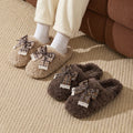Plaid Bow Lace Plush Slippers Women House Vintage Winter Fluffy Mules Shoes Girls Bowknot Indoor Fuzzy Fur Slides Non-Slip Sole