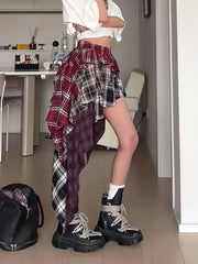 Y2K Women's Skirt Irregular Plaid Patchwork Summer Spice Girl Design A-line Skirt Trendy Pleated Streetwear Harajuku HCO2
