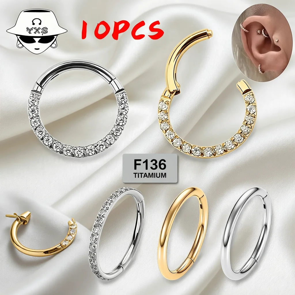Titanium Nose Piercing 1/10Pcs F136 Titanium 16G/18G CZ Wholesale Side Prong Set Half Circle Cubic Zircon 6/8/10/12mm Hoops Nose Cilcker Conch Piercing