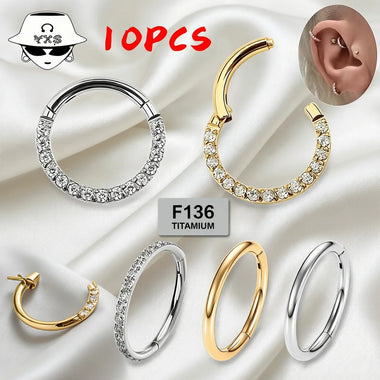 Titanium Nose Piercing 1/10Pcs F136 Titanium 16G/18G CZ Wholesale Side Prong Set Half Circle Cubic Zircon 6/8/10/12mm Hoops Nose Cilcker Conch Piercing