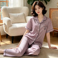 Noble and Luxurious Letter V Summer Women's Sleepwear Striped Ice Silk Cool Short Sleeved Pants Home Suit Set Ladies Nightwear