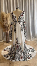 Boho Floral Embroidered Chiffon Wedding Dress for Brides Long Sleeve Deep V Neck Backless A Line Bridal Gown with Train
