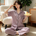 Noble and Luxurious Letter V Summer Women's Sleepwear Striped Ice Silk Cool Short Sleeved Pants Home Suit Set Ladies Nightwear