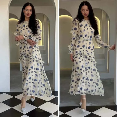 Women's Spring Fall Long Dress Elegant Ruffle Midi Floral Print Dress Flower Vintage Muslin Dress for Women