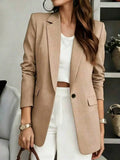 Women Single Button Blazer Long Sleeve Notched Lapel Solid Color Casual Office Suit Jacket