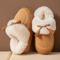 Bow Winter Fluffy Slippers Women House Plush Platform Mules Shoes Ladies Faux Suede Cozy Warm Indoor Fuzzy Fur Slides Non-Slip
