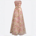 Women Strapless Sweetheart Prom Dress Watercolor Floral Organza 3D Flower Ruffle Slit Floor Length Formal Wedding Guest Dress
