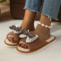 Sweet Plaid Bowknot Plush Home Slippers Women Indoor Open Toe Non Slip Cotton Slides Plus Size 45 Soft Sole House Floor Shoes
