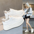 Womens White Leather Platform Sneakers Hidden Heel Lift Casual Low Top Lace Up Shoes With Black Accent For Daily Street Style