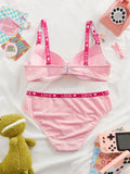 Pink Women's Underwear Set Letter Strap Underwire Push Up Bra Comfortable Thin Cup Daily Lingerie Set