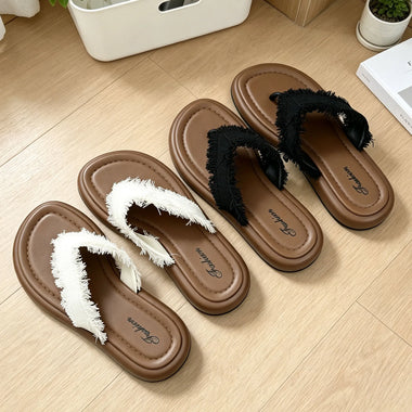 Daily Wear Fashion Slippers Women's Fringe Trim Flip Flops - Casual Flat Thong Sandals for Summer, Beach & Dress Outfits