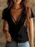Women's Summer Pure and Alluring Mesh Patchwork V-Neck Ribbed Short-Sleeve Top, Slim Fit Elastic T-Shirt