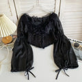 Elegant Mesh Ruffled Lace Chiffon Tops Patchwork Lace Chiffon Blouse V Neck Blusas Lace-up Shirts Spring Summer