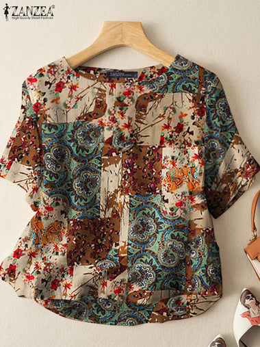 ZANZEA Summer Bohemian Tops Tunic Vintage Women Short Sleeve Blouse Casual Floral Printed Work Shirt Retro Party Blusas Oversize