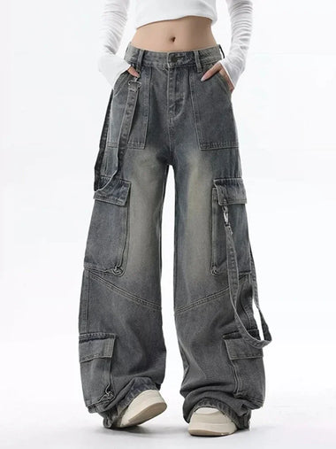 Cargo Jeans for Women Baggy High Street Chic All-match Daily Vintage High Waist Trousers Autumn Popular Multi-pockets Classic
