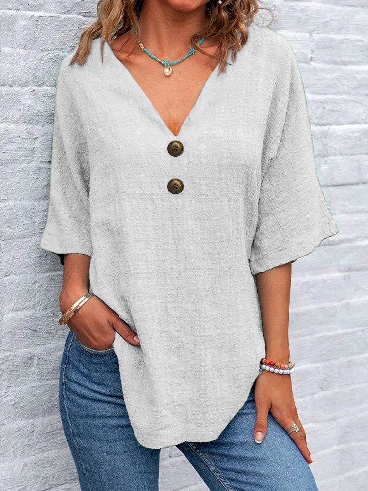 Fashion V Neck Solid Colors Linen Cotton Blouse Street Loose Button Short Sleeve Casual Loose Tunic Shirt for Woman Clothing Top