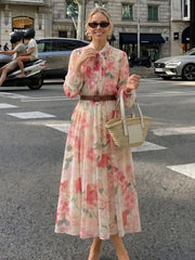 ZOCI Elegant Womens Floral Print Long Dress Bow Neck Long Sleeve Waist Belt Casual Weekend Party Summer Beach Vacation Dress