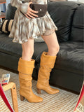 Women Vintage Slouch Knee-High Boots Genuine Leather Western Cowboy Boots Pull-on Boots Autumn Cross Straps Metal Buckle Booties