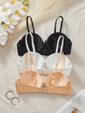 3PCS Women's Floral Lace Strapless Bra Solid Thin Cup Removable Straps Comfort Daily Lingerie Top
