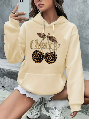 Pocket Hooded Hoodie Streetwear Leopard Cherry Print Long Sleeve Sweatshirt Clothing Hoody Autumn Winter Hoodies Clothes Ladies