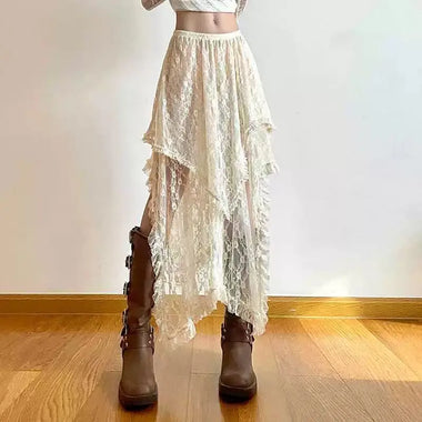 Lace Asymmetrical Skirt Fairycore Women Vintage Y2K Boho Aesthetic Fashion High Waist Mid Skirts Lady Holiday Outfits Basic Chic