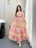 French Retro V-Neck Ruffle Sleeves Pleated Floral Dress For Women 2025 Summer High Waist Slimming Chiffon Long Dress w104