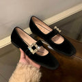 2025 Luxury Shoes Mary Jeans Woman Velvet Med-High Heels&Flats Heeled Loafers Crystal Leather Belt Strap Ballets Femme Chaussure