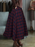 Women's Plaid Midi Skirt Elastic Waist Loose Pleated Long Flowy Mid Calf Skirt with Pockets 100% Polyester Vintage Casual