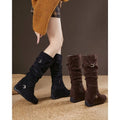 Women Round Toe Buckle Knee High Boots, Faux Suede Upper, Hidden Wedge Heel, Side Zipper Warm Fleece Lined Tall Boots For Daily