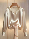 Women Satin V Neck Blouse Pearl Beaded Collar Long Sleeve Elegant Office Shirt Top