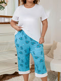 Women Plus Size Milk Silk Pajama Set Short Sleeve Top & Dinosaur Print Capri Pants Loungewear