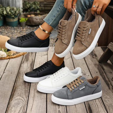 2026 New Fashion Women Lace Up Vulcanized Shoes Flat Thick Sole Casual Sneakers For Students Outdoor Sports Walking