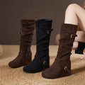 Women Round Toe Buckle Knee High Boots, Faux Suede Upper, Hidden Wedge Heel, Side Zipper Warm Fleece Lined Tall Boots For Daily